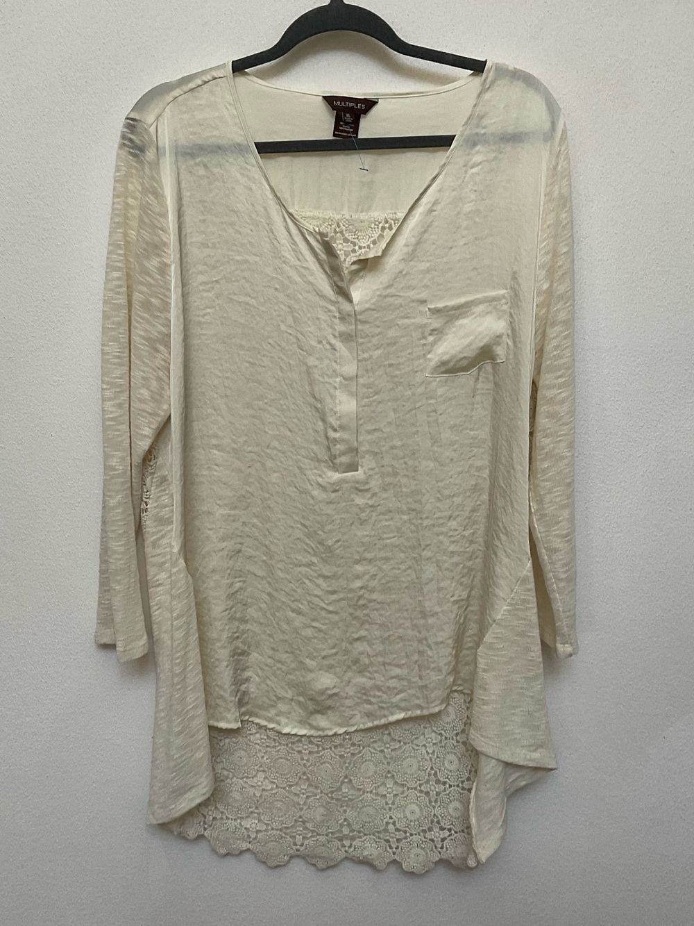 Multiples Cream 3/4 Sleeve Lace Back Top Size XL Soft Feminine Neutral